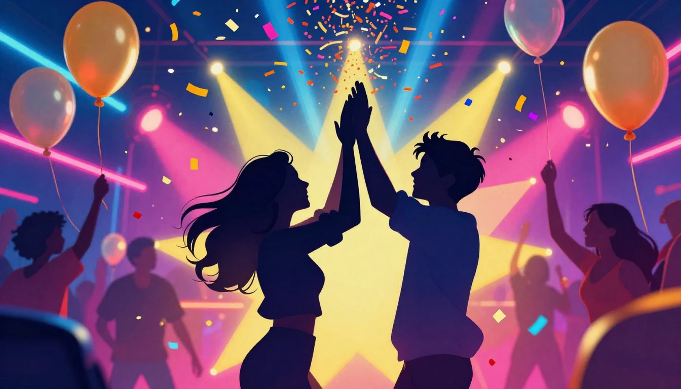 A vibrant and energetic party scene designed as a music albu...