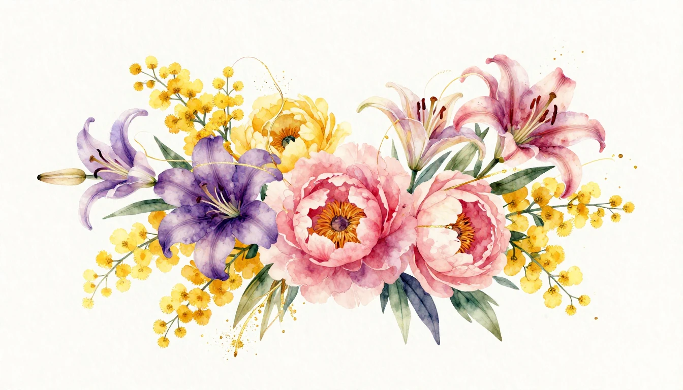 A vibrant and elegant watercolor painting featuring a divers...