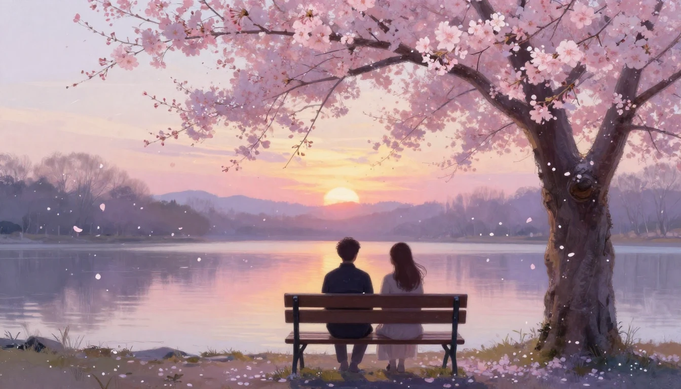 A beautiful painting of two silhouettes sitting on a bench u...