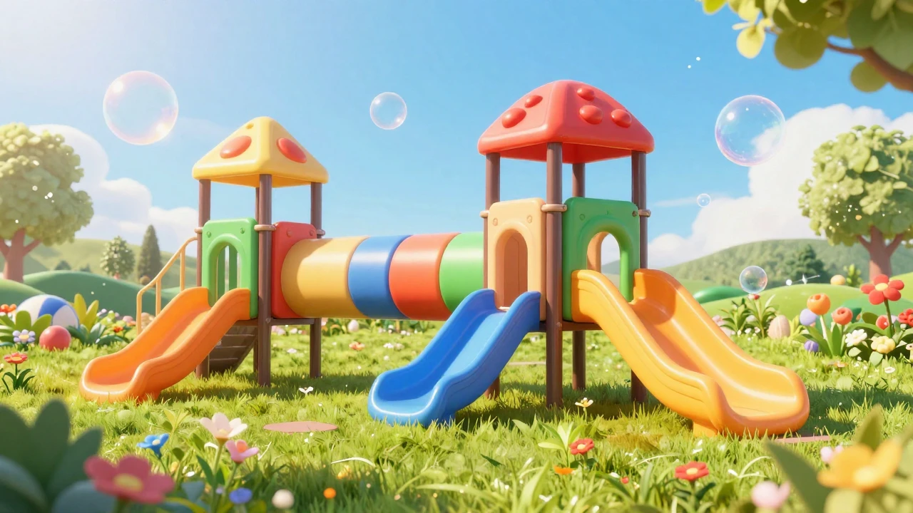 A vibrant and colorful scene of a sun-drenched playground wi...