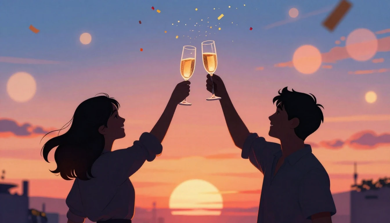 A warm and colorful birthday celebration illustration. Two s...