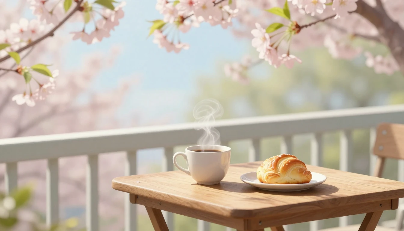 A serene scene of a small wooden table on a sun-drenched bal...