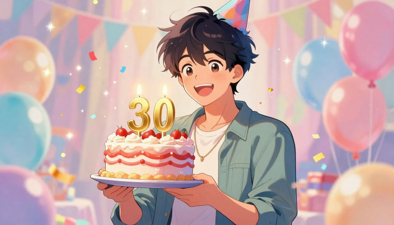 An anime-style illustration of a cheerful character celebrat...