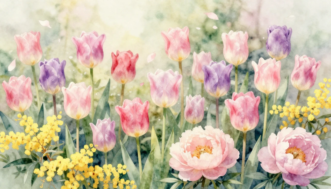 A beautiful watercolor painting of a lush spring garden fill...