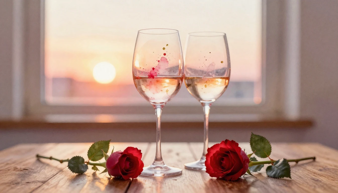 A soft watercolor painting of two elegant wine glasses stand...