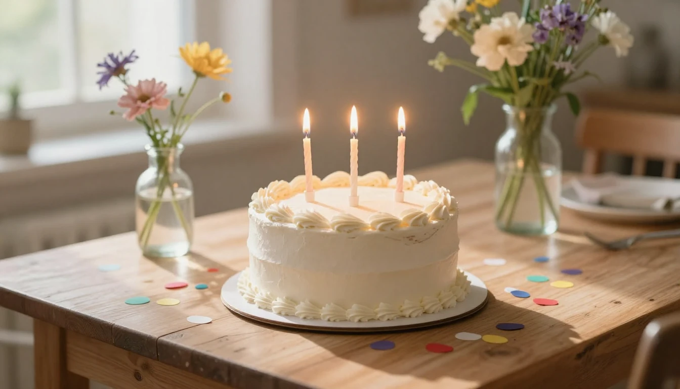 A close-up view of a rustic wooden table set for a birthday ...