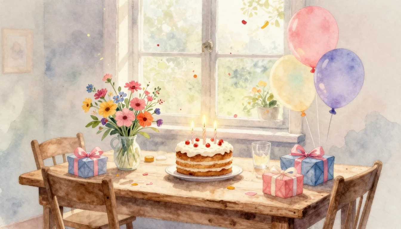 A heartwarming watercolor painting of a cozy birthday celebr...