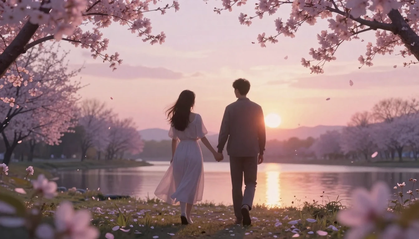 A beautiful, ethereal scene of two silhouettes walking hand-...