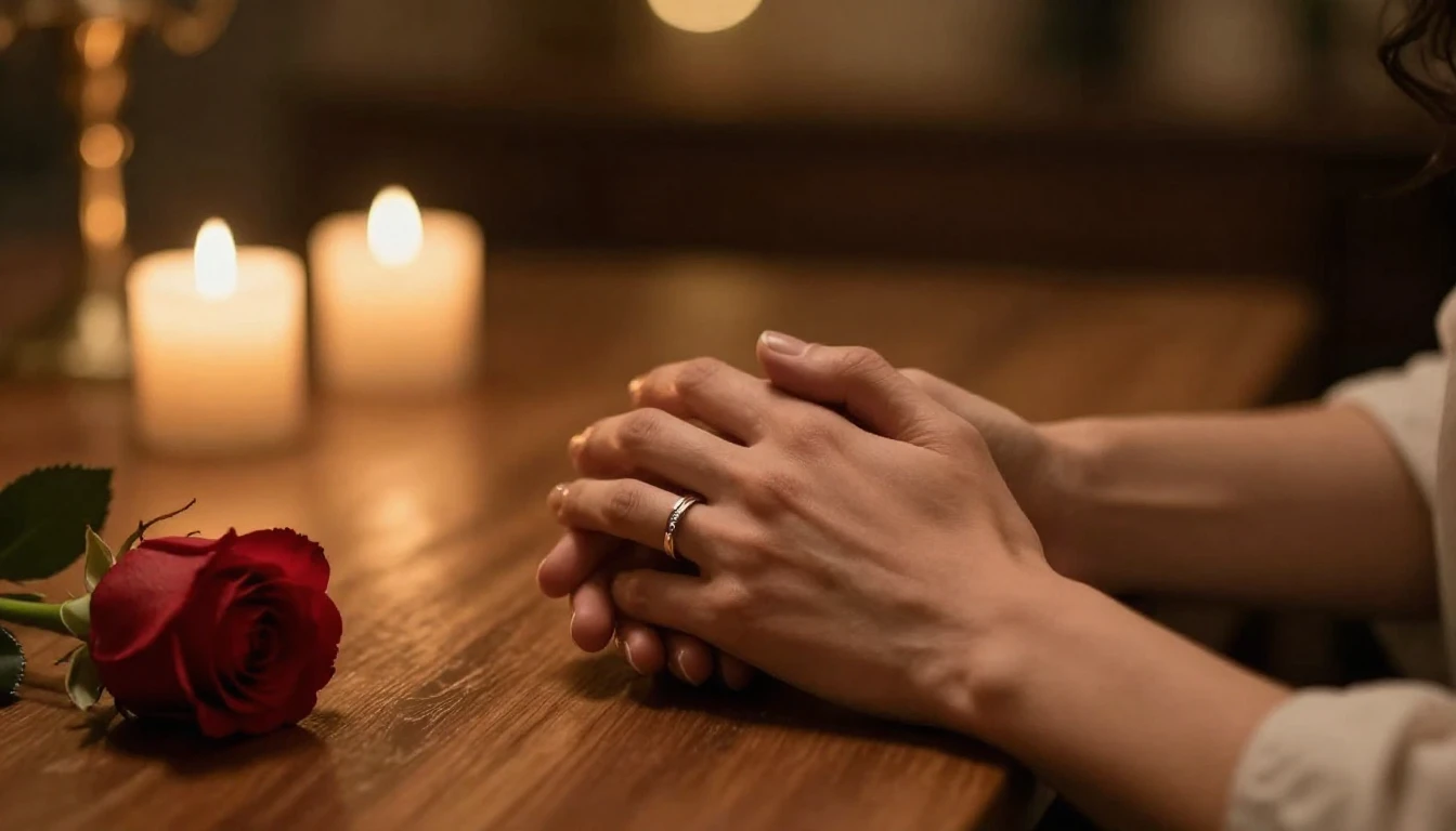 A warm and romantic cinematic close-up shot of a couple hold...