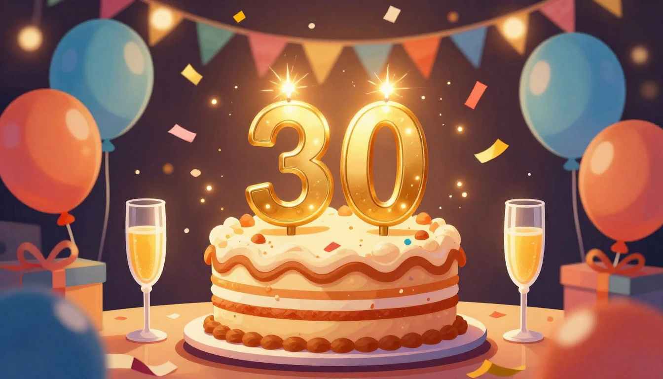 A vibrant and festive illustration of a 30th birthday celebr...