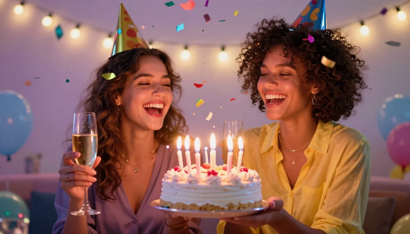 A joyful scene of two best friends celebrating a birthday, h...