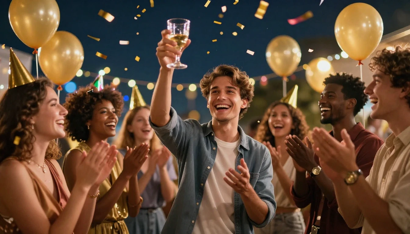 A vibrant and festive scene depicting a birthday celebration...