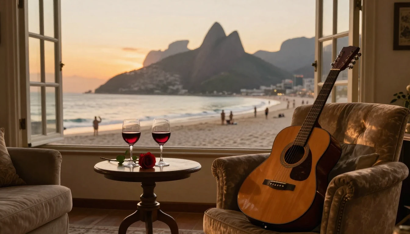 A romantic and intimate scene featuring a cozy living room w...