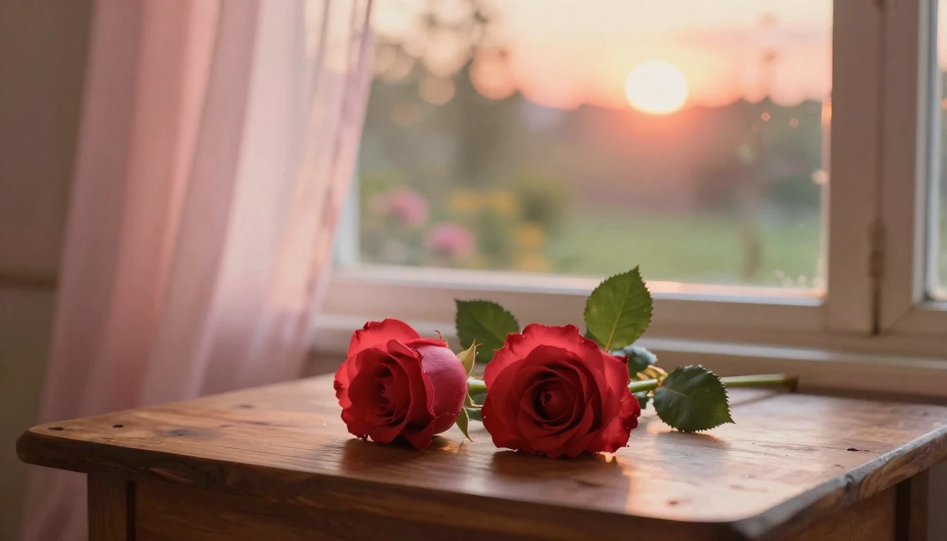A dreamy and romantic scene featuring two delicate red roses...