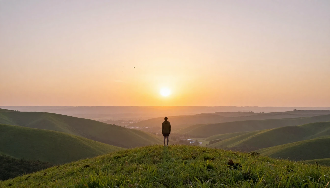 A wide artistic landscape showing a person standing on the e...