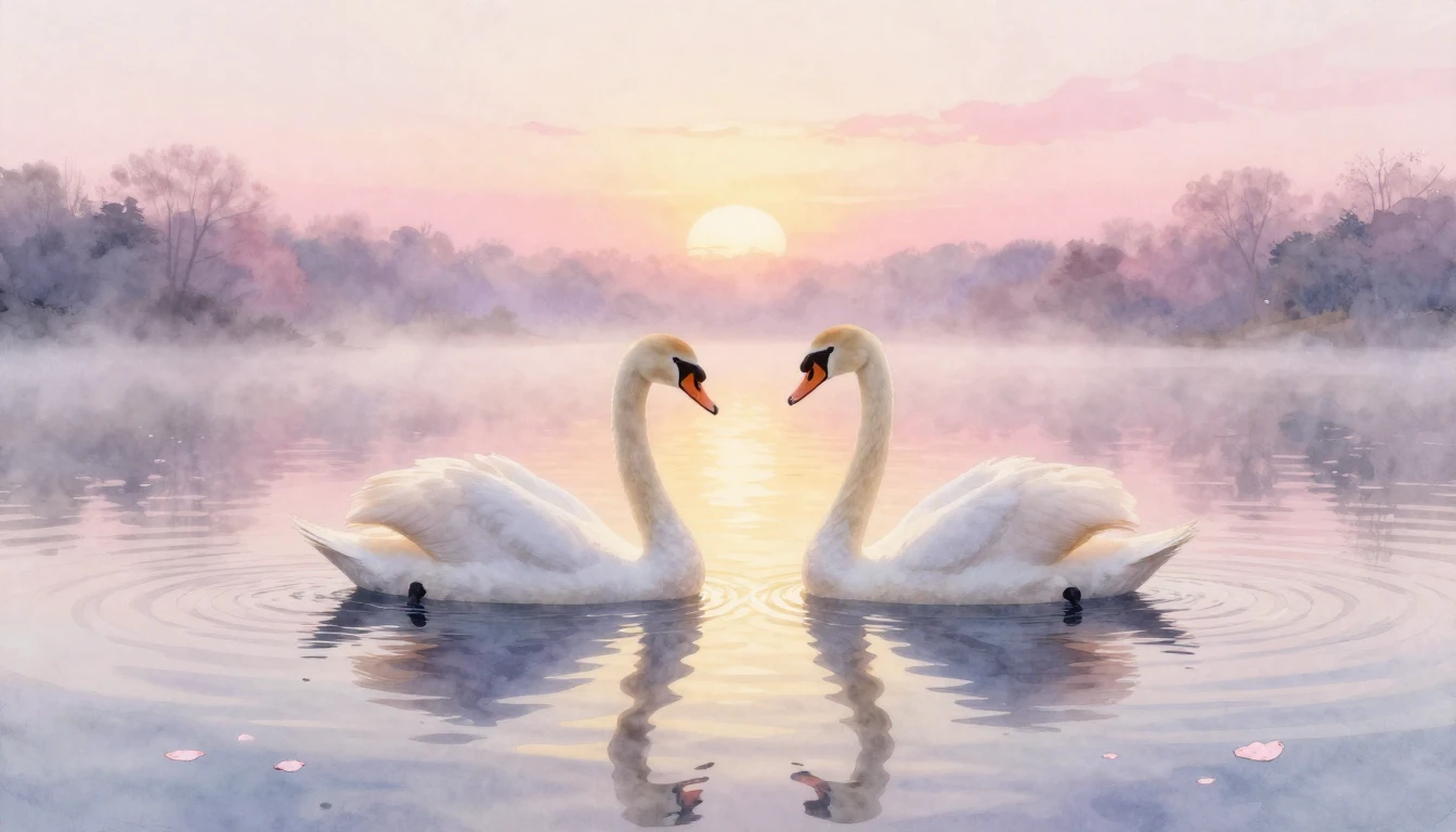 A delicate watercolor painting of two elegant swans gliding ...