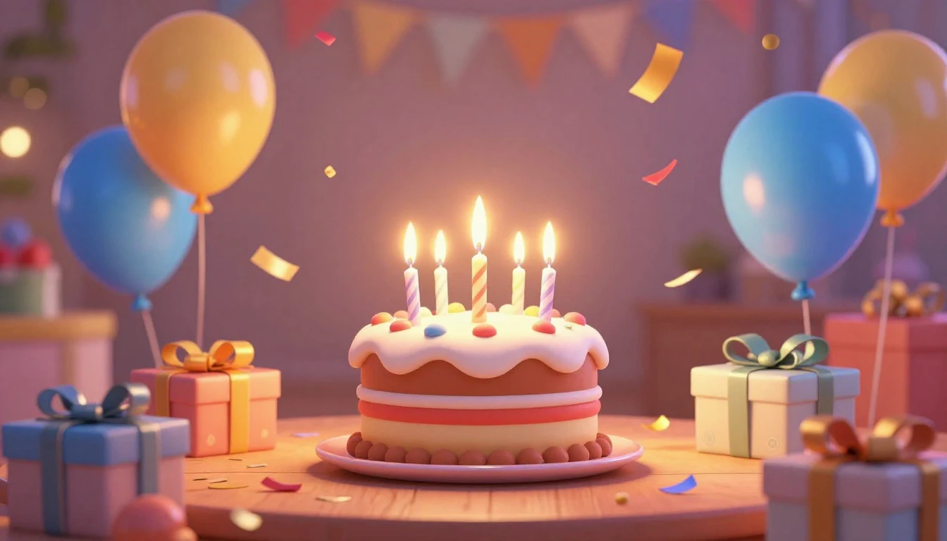 A festive 3D animated style scene of a magical birthday part...