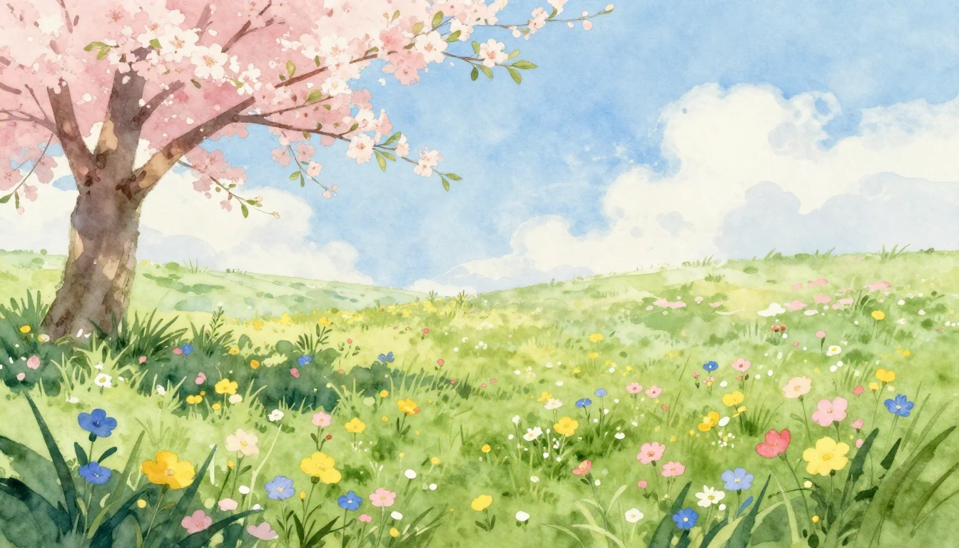 A beautiful watercolor painting of a lush green meadow fille...
