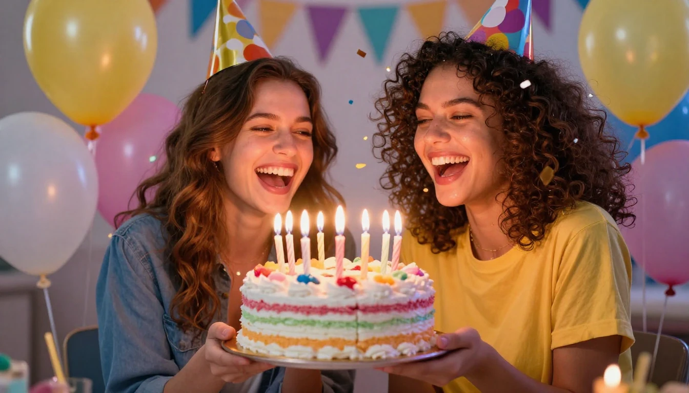 A joyful birthday celebration scene, two best friends laughi...