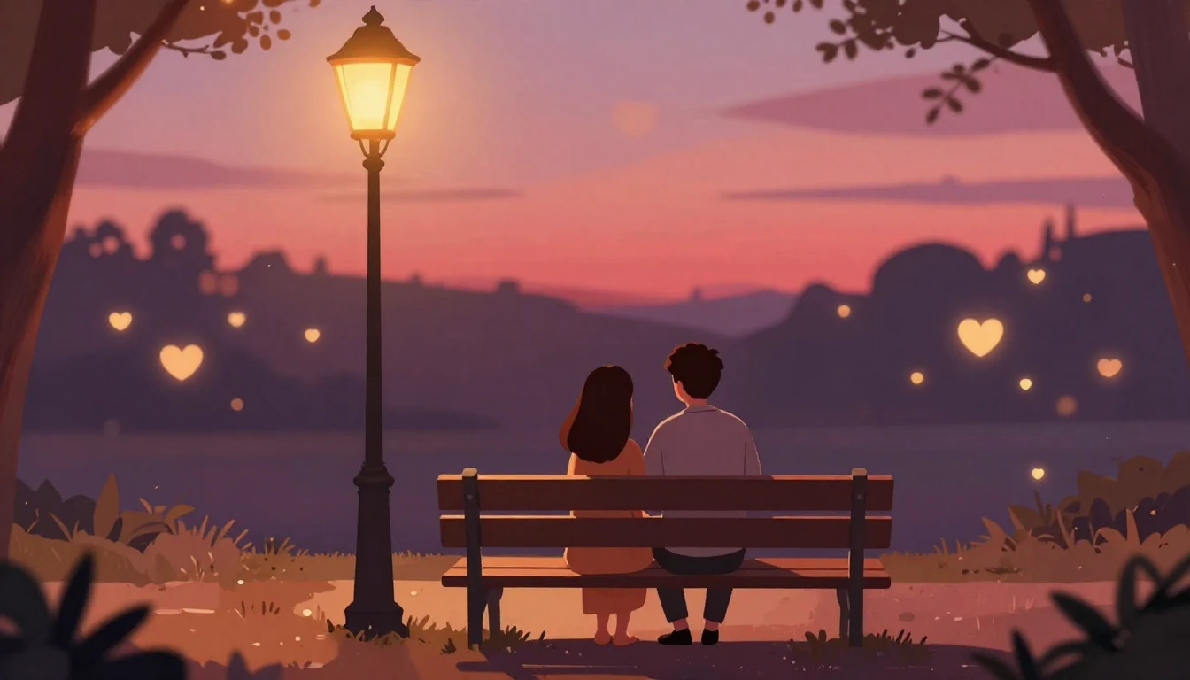 A romantic and soft illustration of a couple sitting on a wo...
