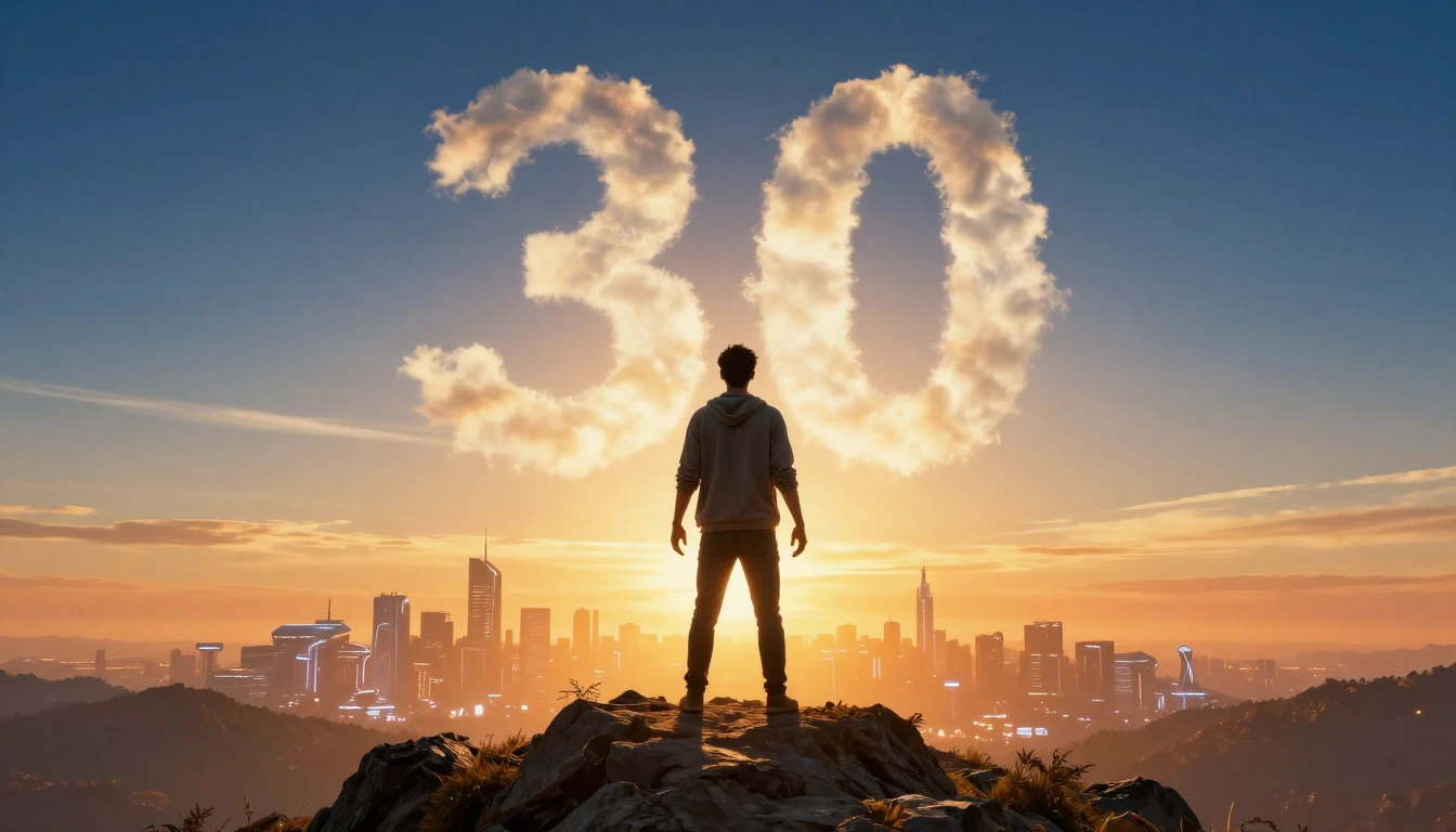 A conceptual illustration of a man standing on a mountain pe...