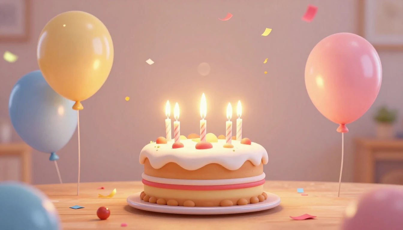A warm and joyful birthday celebration scene in a cute 3D an...