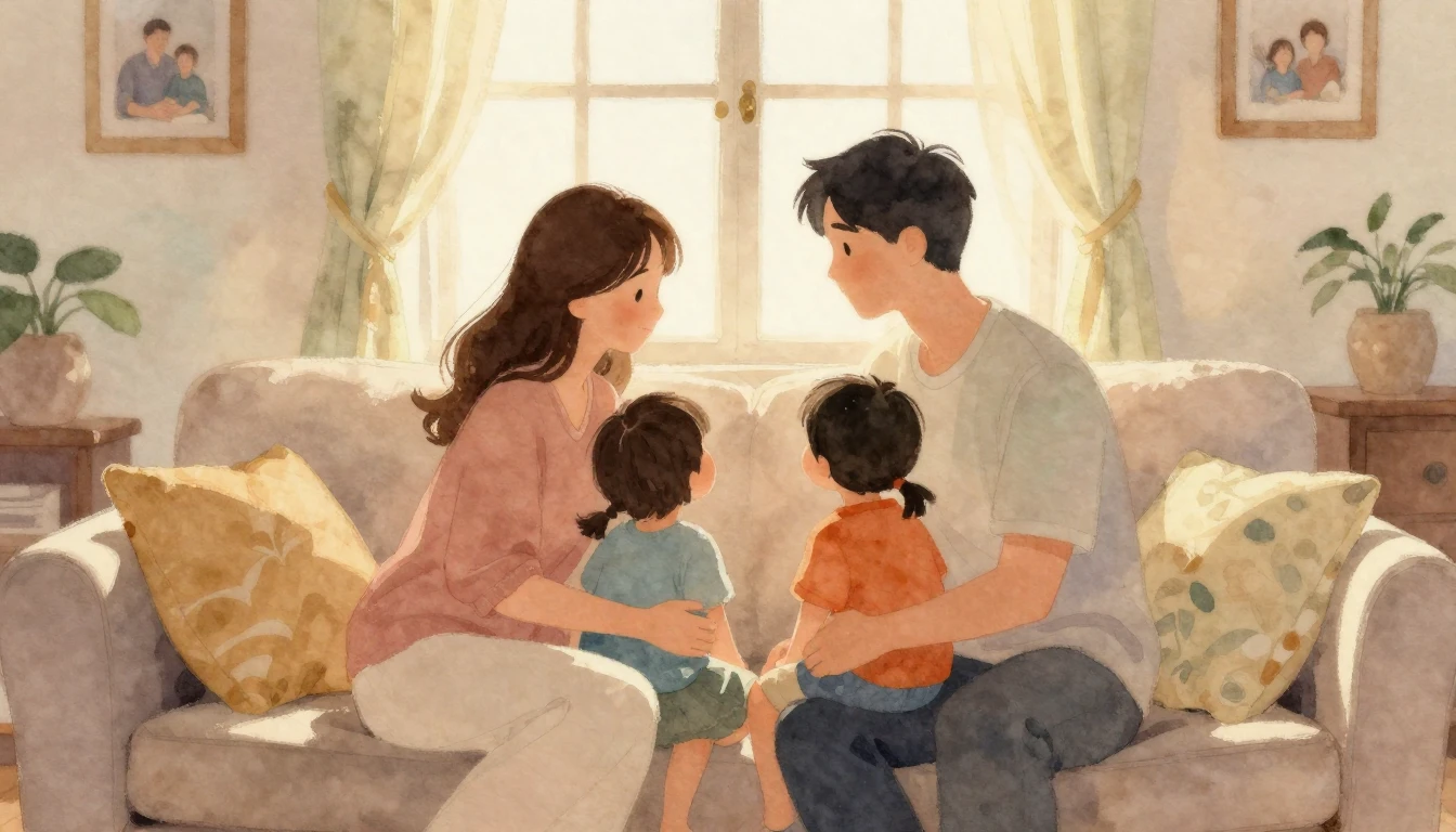 A warm and nostalgic watercolor painting of a family sitting...