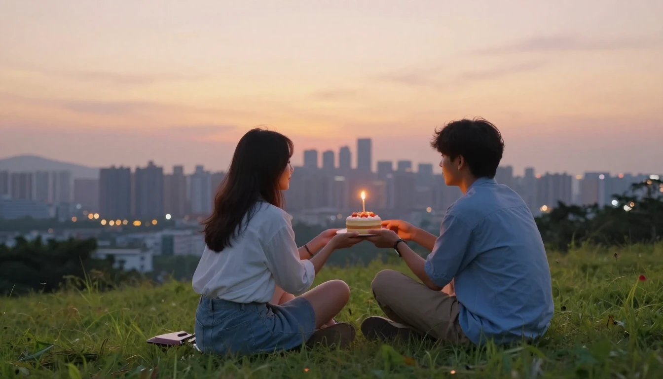 Two friends sitting on a grassy hill overlooking a city skyl...