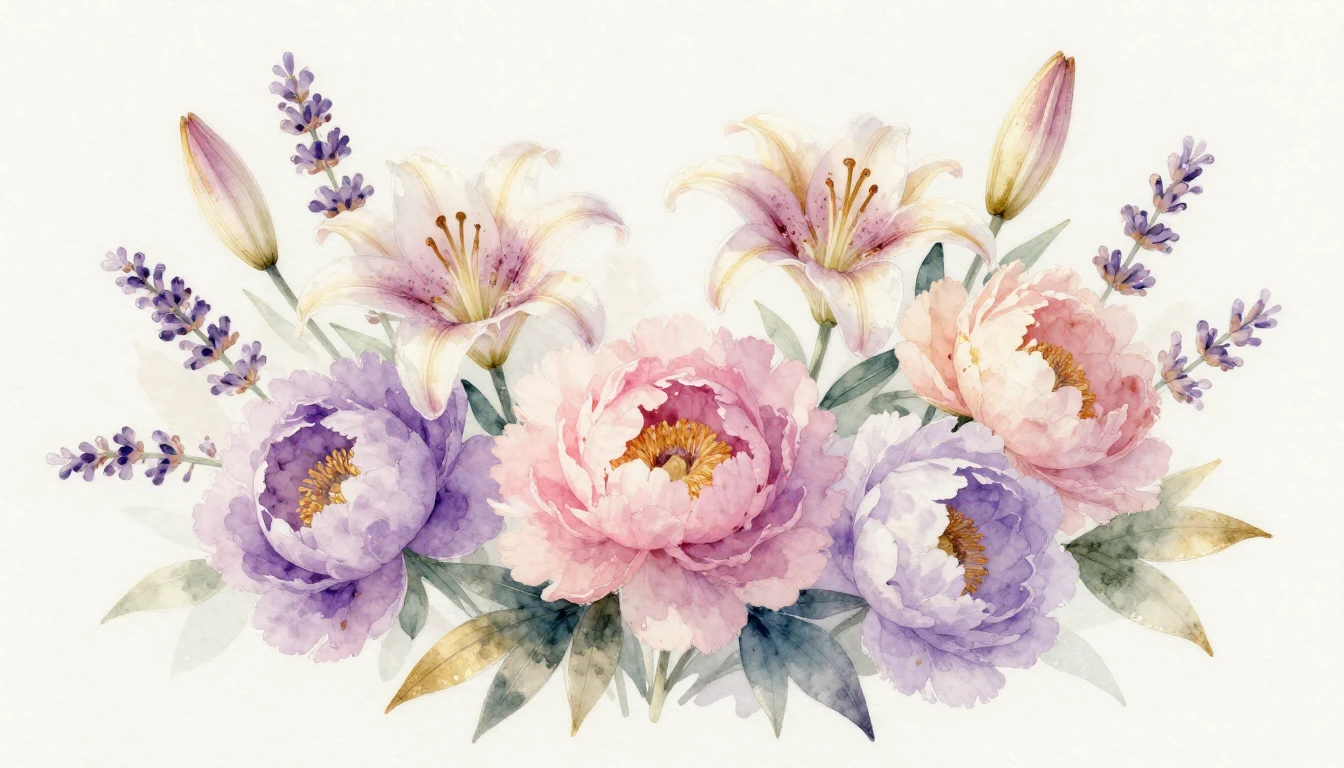 A delicate watercolor painting of various blooming flowers l...