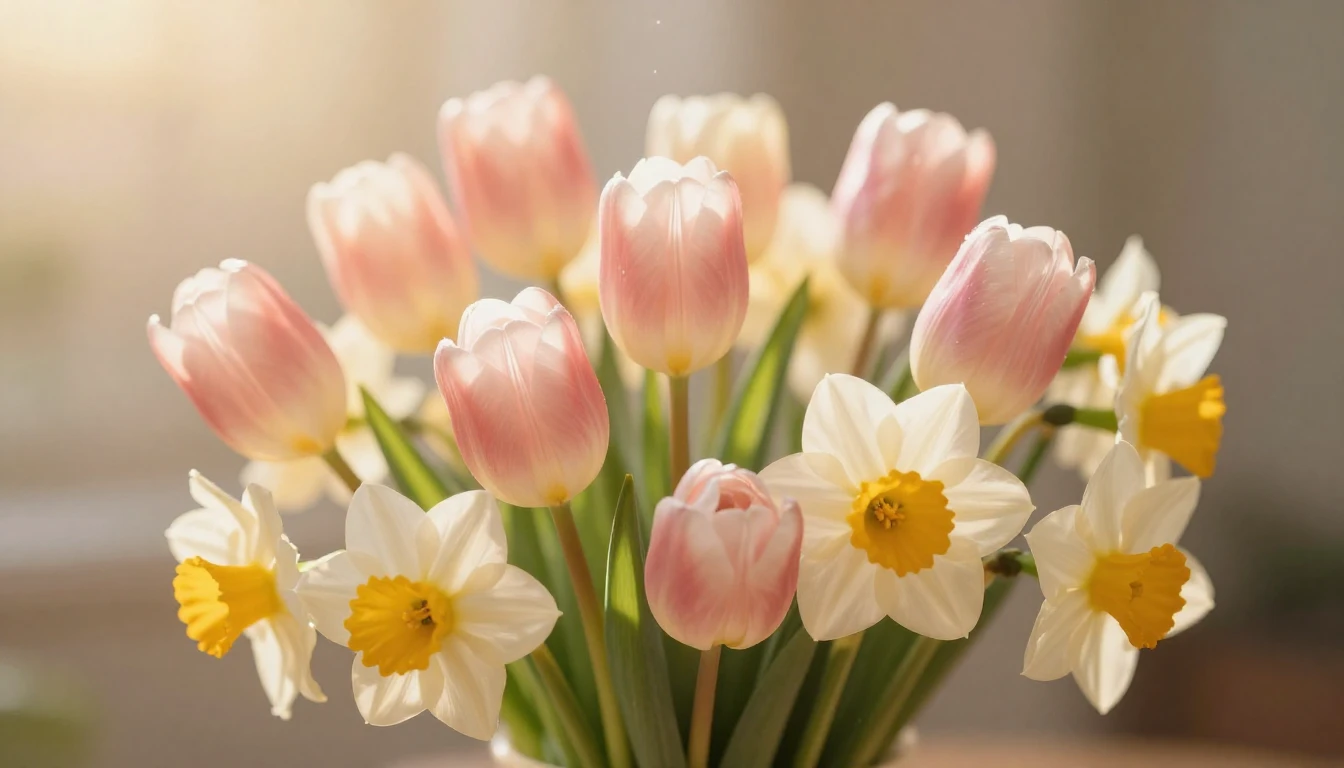 A beautiful and elegant bouquet of spring flowers like tulip...