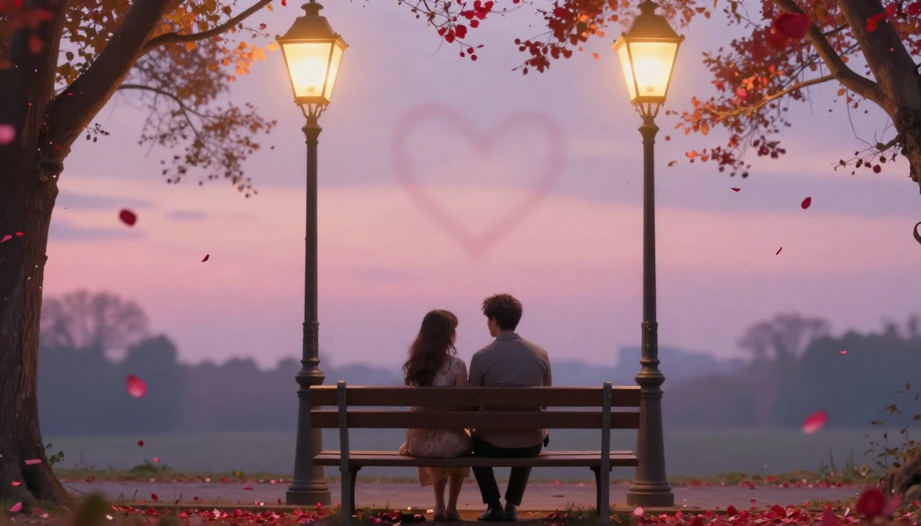 A romantic and soft composition depicting a couple sitting o...