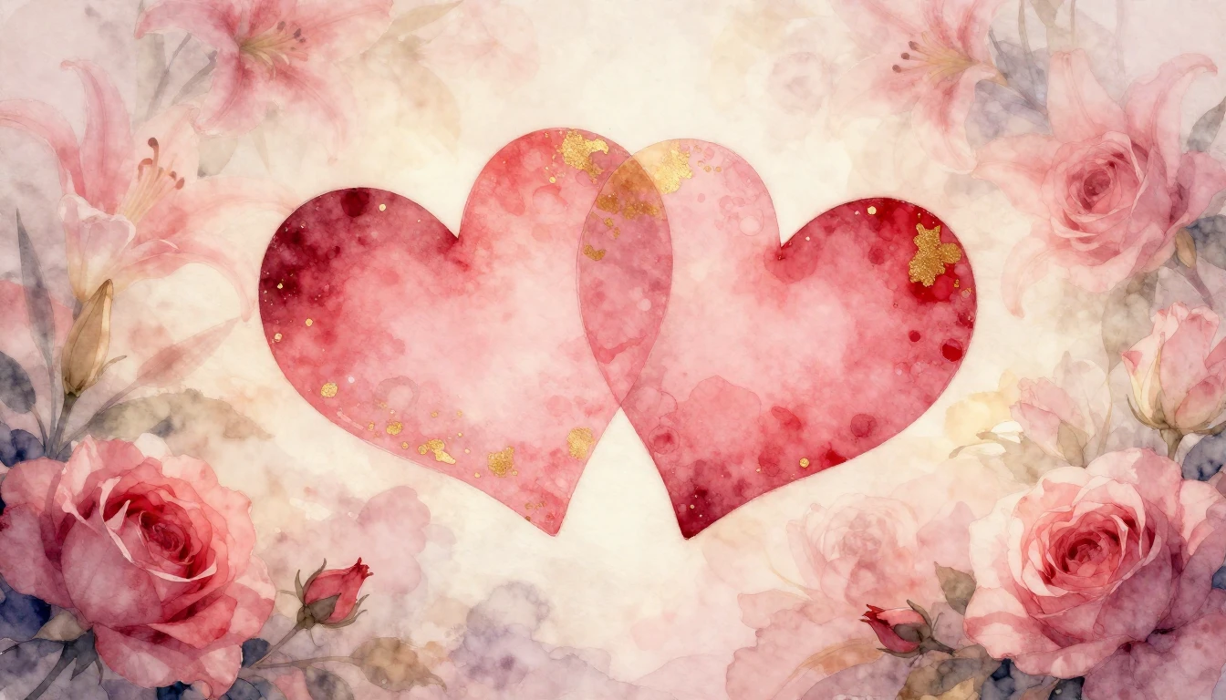 A delicate watercolor painting of two stylized hearts intert...