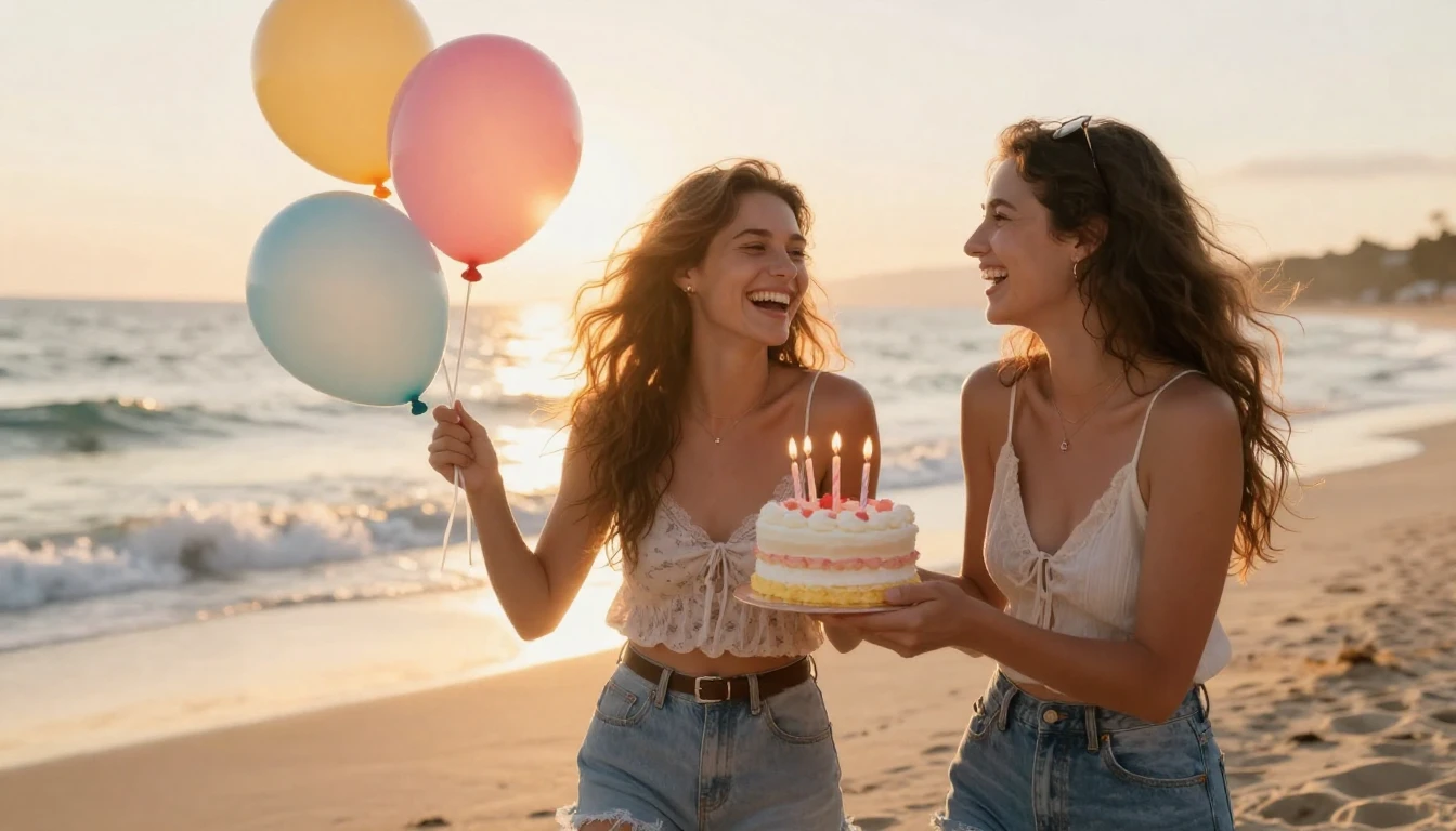 Two young women laughing together on a sunny beach at sunset...
