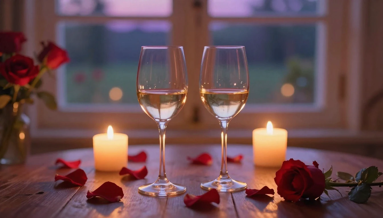 A dreamy and romantic scene featuring two elegant wine glass...
