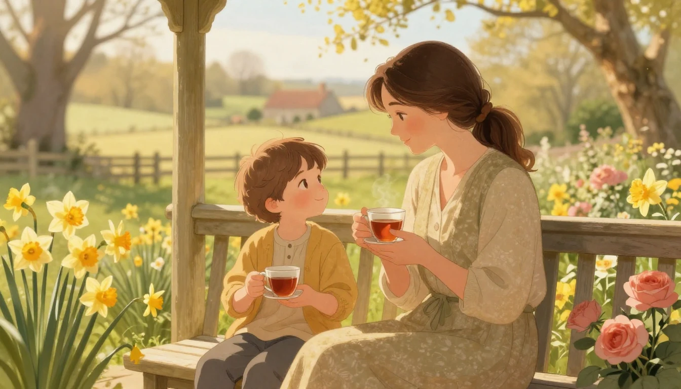 A beautiful, warm illustration of a mother and her adult chi...