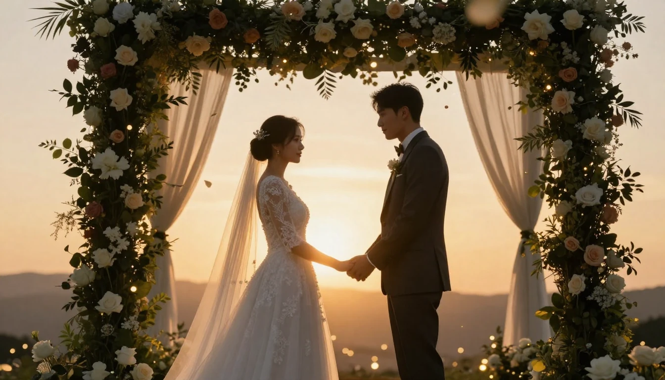 A cinematic shot of a bride and groom holding hands under a ...