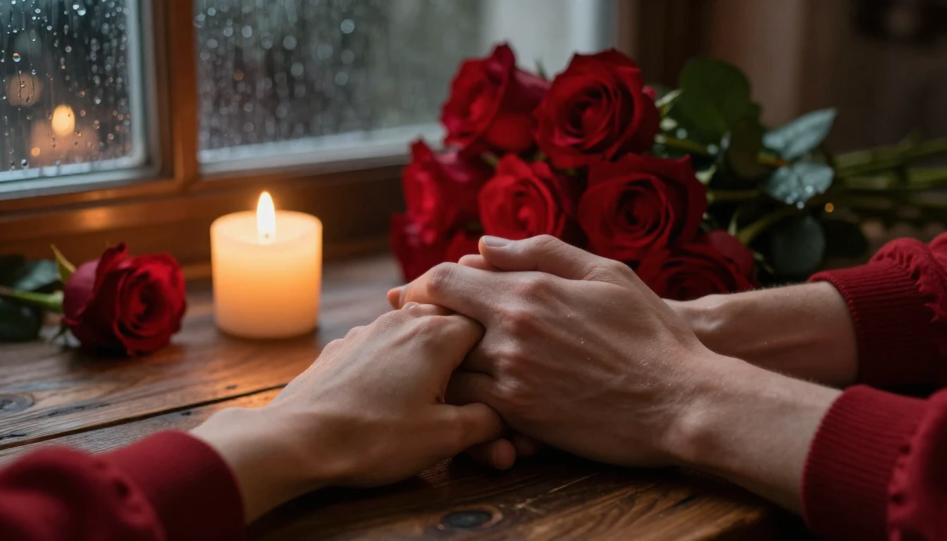 A romantic and intimate Valentine's Day atmosphere, close-up...