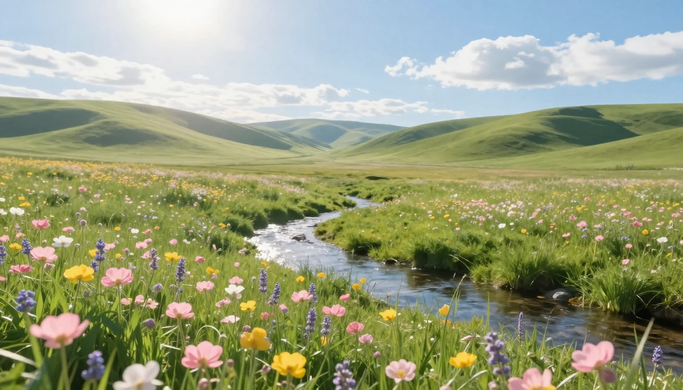 A serene landscape featuring a lush green meadow filled with...