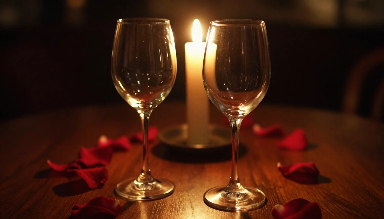 A close-up cinematic shot of two elegant wine glasses on a w...