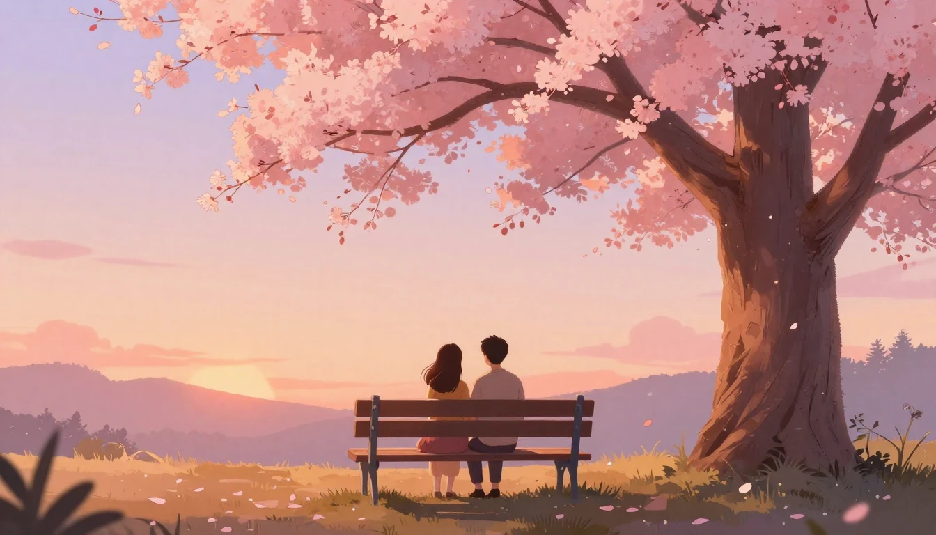 A romantic and soft illustration of a couple sitting on a be...