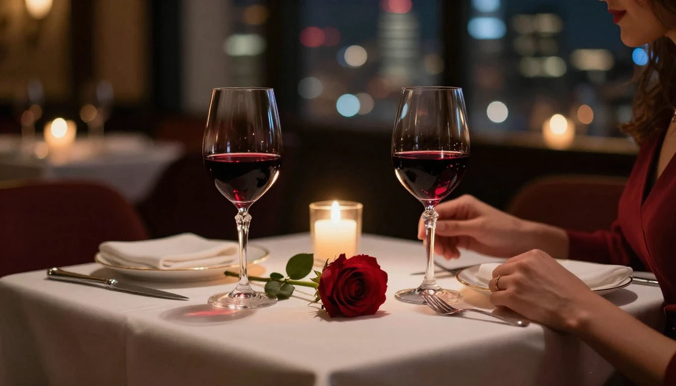 A close-up shot of a beautifully set dinner table for two in...