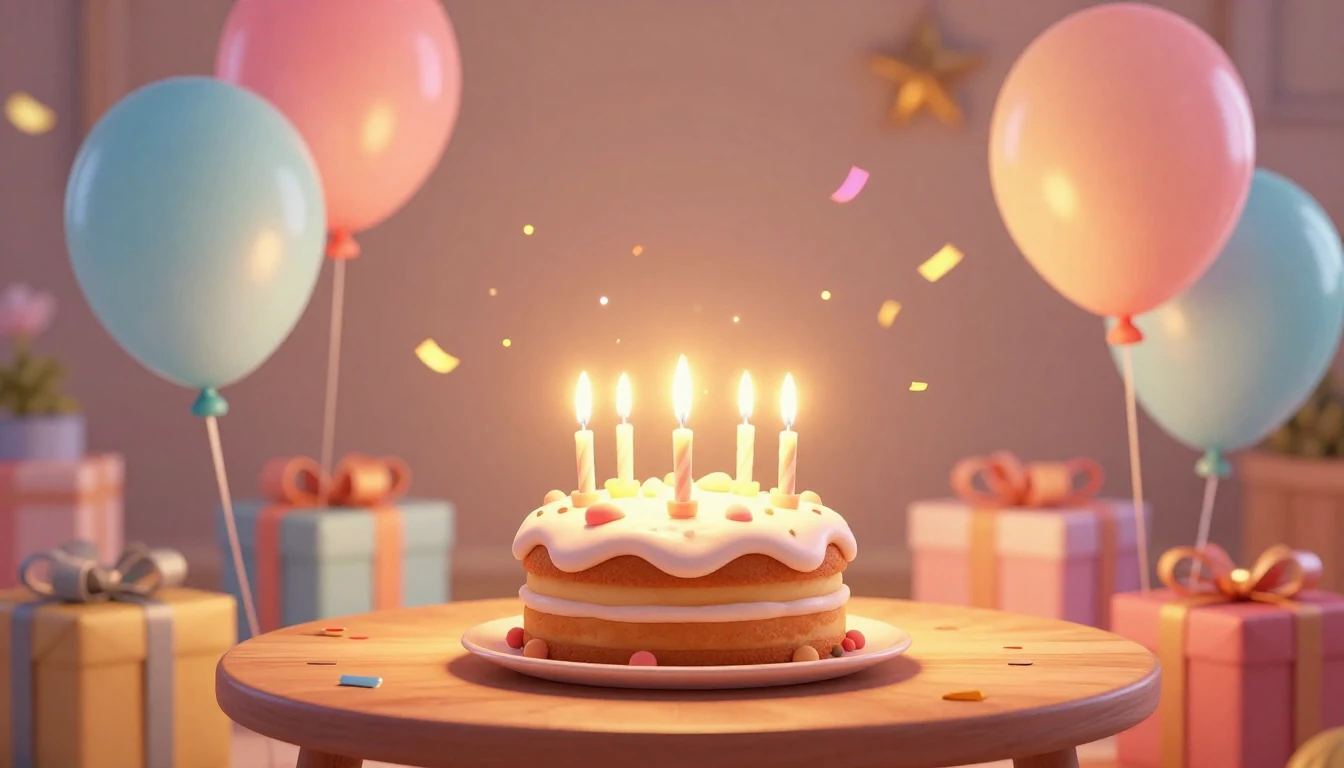 A festive and magical birthday atmosphere in a cozy room. In...