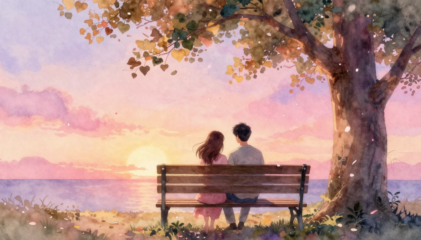 A romantic watercolor painting featuring a couple sitting cl...
