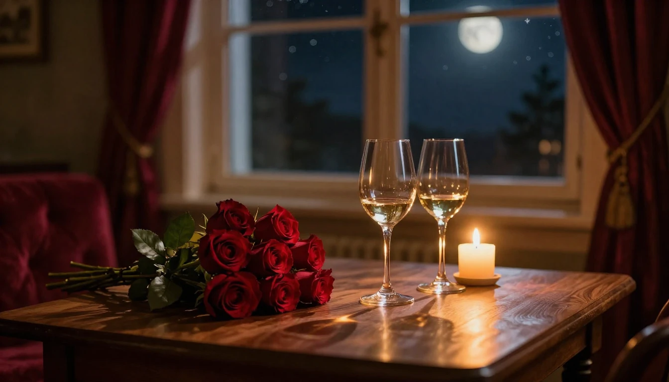 A cozy, dimly lit room during a romantic evening. Two elegan...