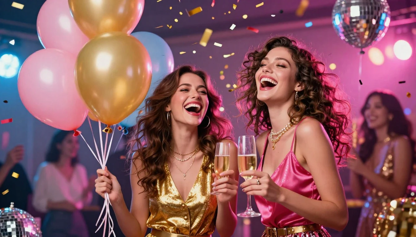 A vibrant and festive scene featuring two stylish young wome...