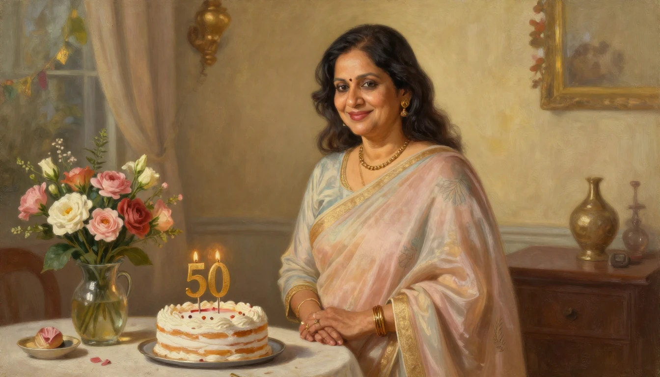 An elegant oil painting depicting a warm celebration for a 5...