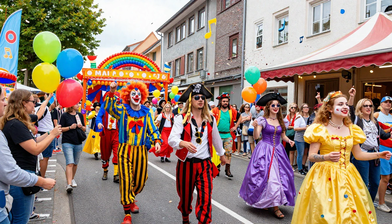 A vibrant and colorful carnival street parade scene in Germa...