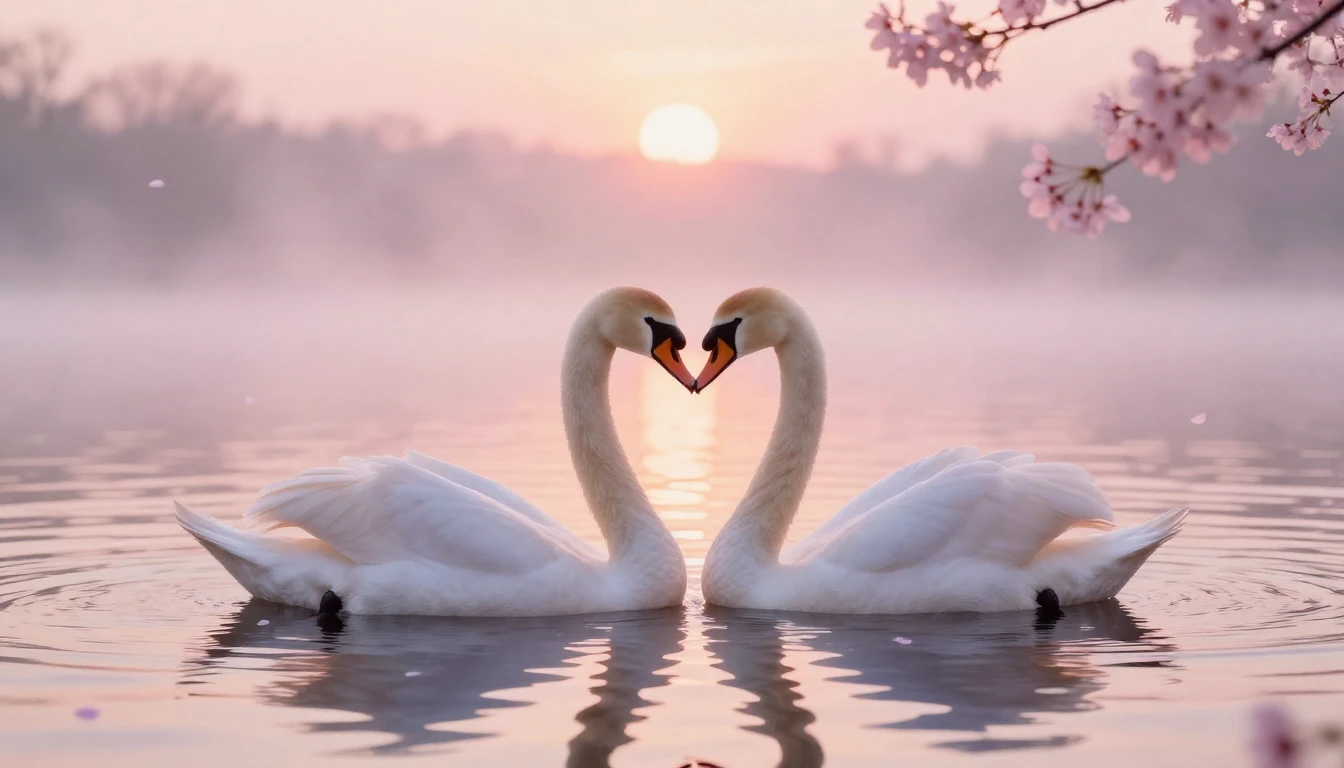 A soft and ethereal scene depicting two delicate swans formi...
