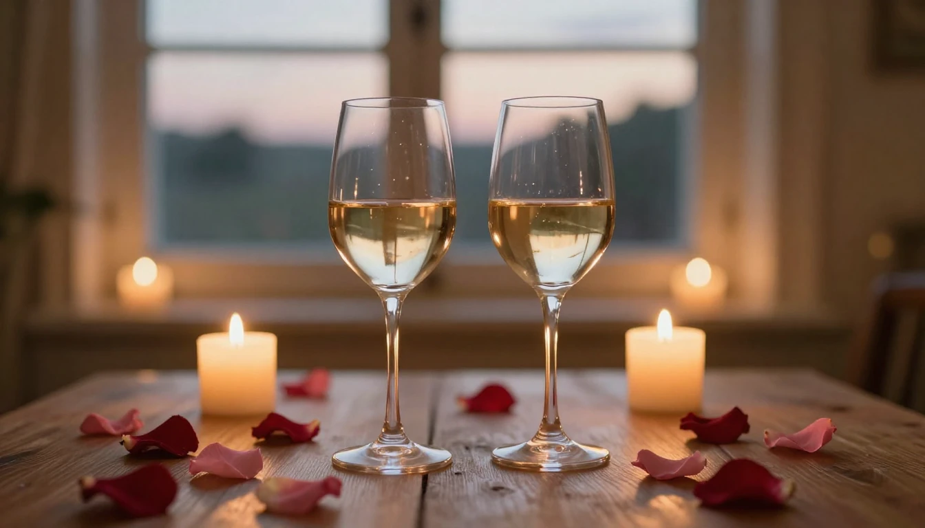 A serene and romantic scene featuring two elegant glasses of...