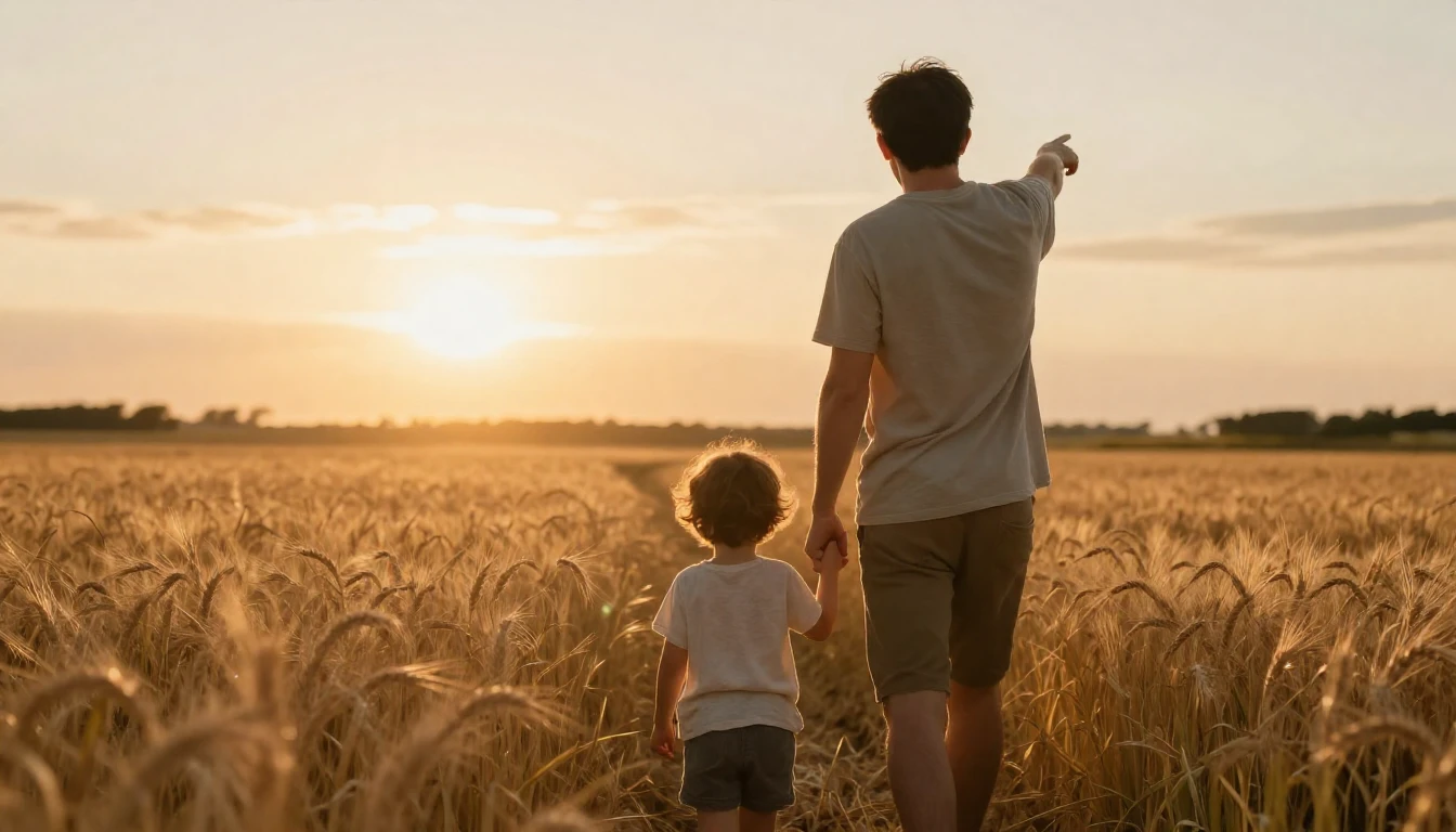 A heartwarming cinematic shot seen from behind of a father a...